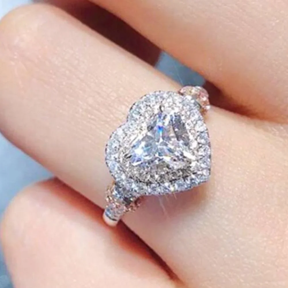 😍Diamond Heart CZ Shiny 14k White Gold Luxury Macro Pave Ring for Women, K852 - Picture 2 of 11